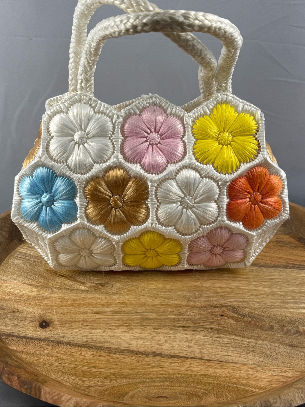 Vintage Raffia Flower Handbag Pastel Floral Straw Purse Cottagecore - Picture 3 of 9